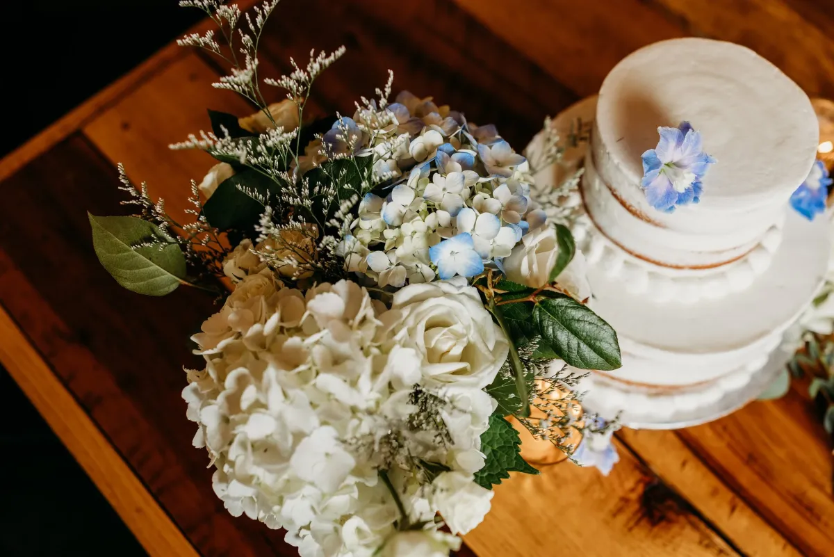 Something Blue reception flowers