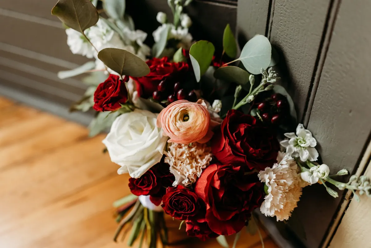 Close-up of a dark red and white garden bouquet